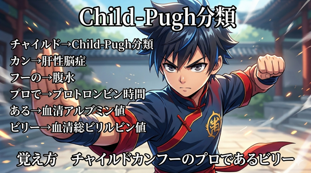 Child-Pugh分類の覚え方（ゴロ）【チャイルドカンフーのプロであるビリー】
