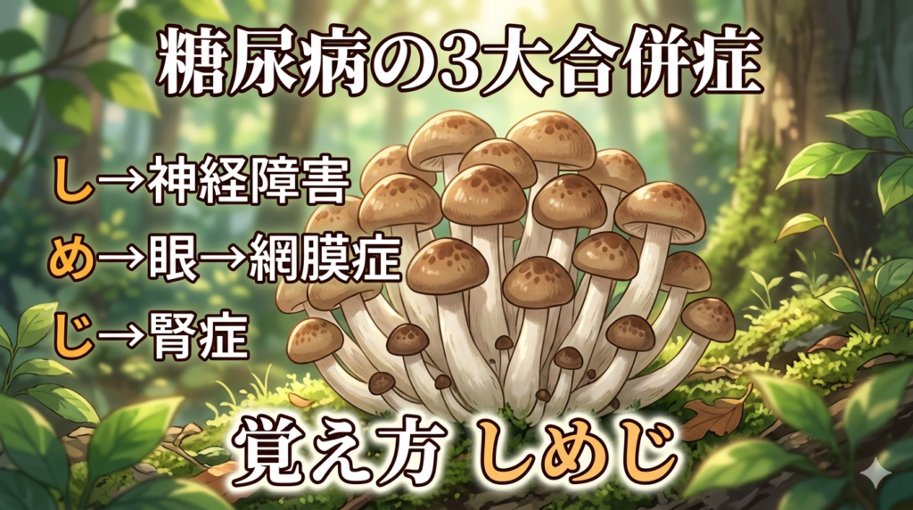 糖尿病の3大合併症の覚え方（ゴロ）【しめじ】