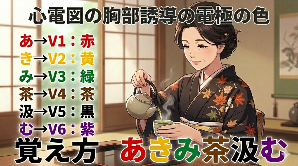 心電図の胸部誘導の電極の色の覚え方（ゴロ）【あきみ茶汲む】