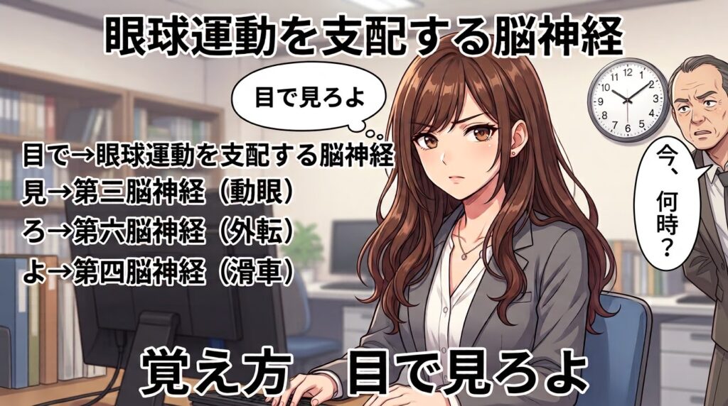 眼球運動を支配する脳神経の覚え方（ゴロ）【目で見ろよ】