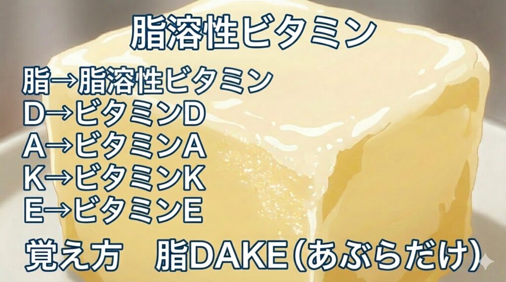 脂溶性ビタミンの覚え方（ゴロ）【脂DAKE（あぶらだけ）】