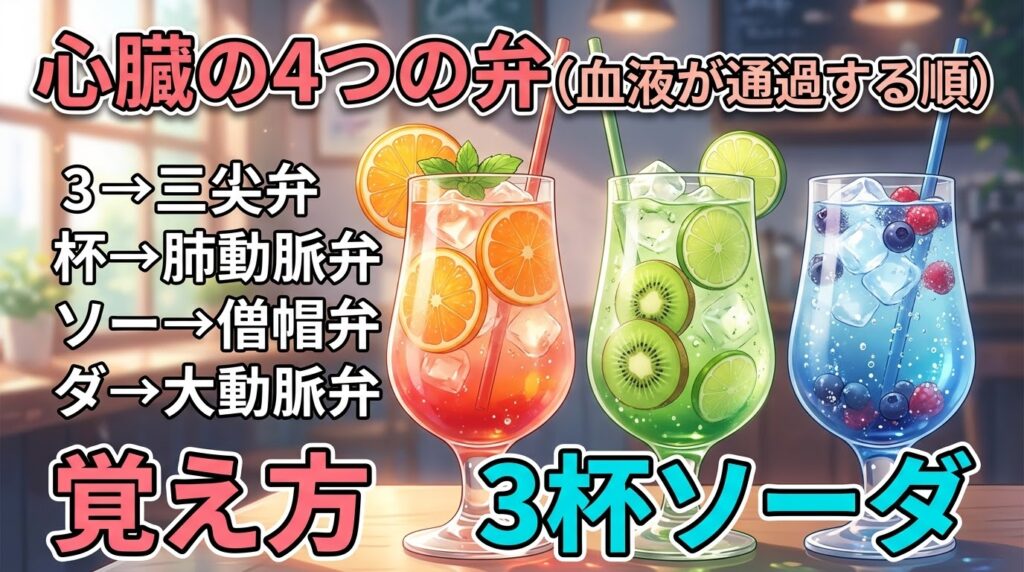 心臓の4つの弁（血液が通過する順）の覚え方（ゴロ）【3杯ソーダ】