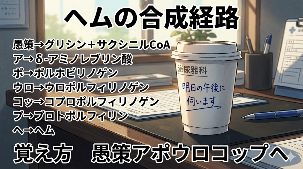 ヘムの合成経路の覚え方（ゴロ）【愚策アポウロコップへ】