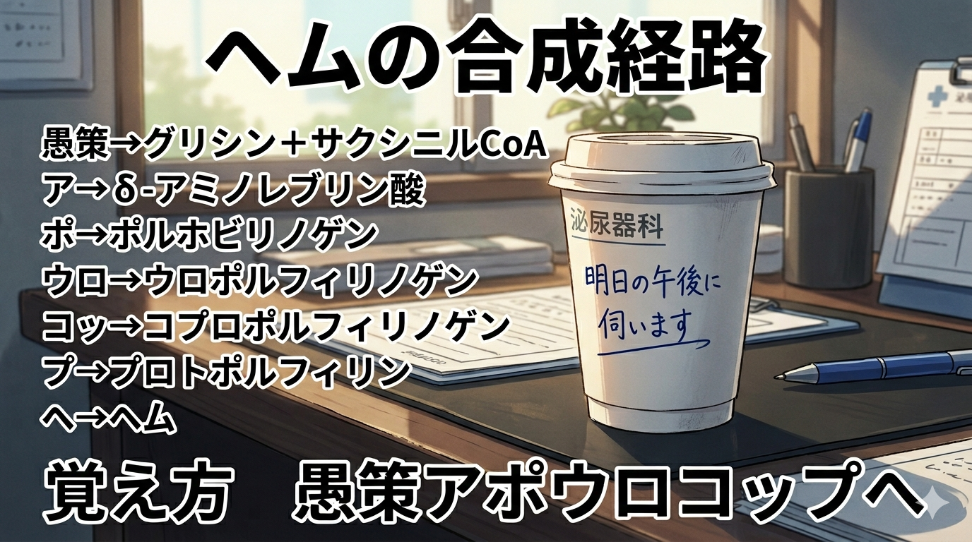 ヘムの合成経路の覚え方（ゴロ）【愚策アポウロコップへ】