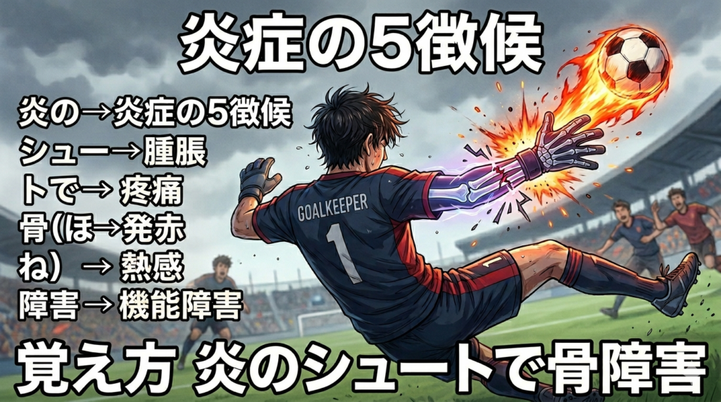 炎症の5徴候の覚え方（ゴロ）【炎のシュートで骨障害】