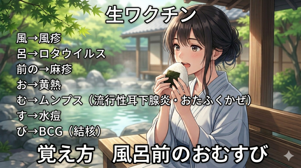 生ワクチンの覚え方（ゴロ）【風呂前のおむすび】
