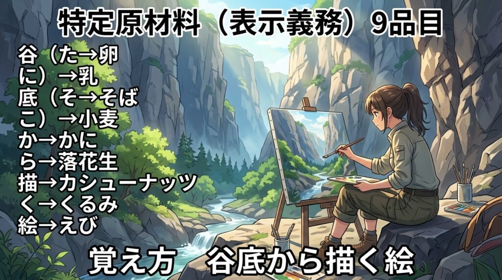 特定原材料（表示義務）9品目の覚え方（ゴロ）【谷底から描く絵】
