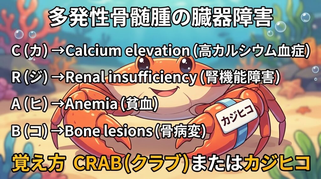多発性骨髄腫の臓器障害の覚え方（ゴロ）【CRAB（クラブ）またはカジヒコ】