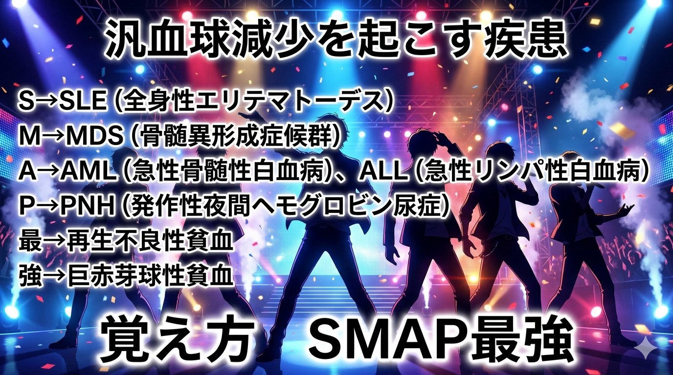 汎血球減少を起こす疾患の覚え方（ゴロ）【SMAP最強】