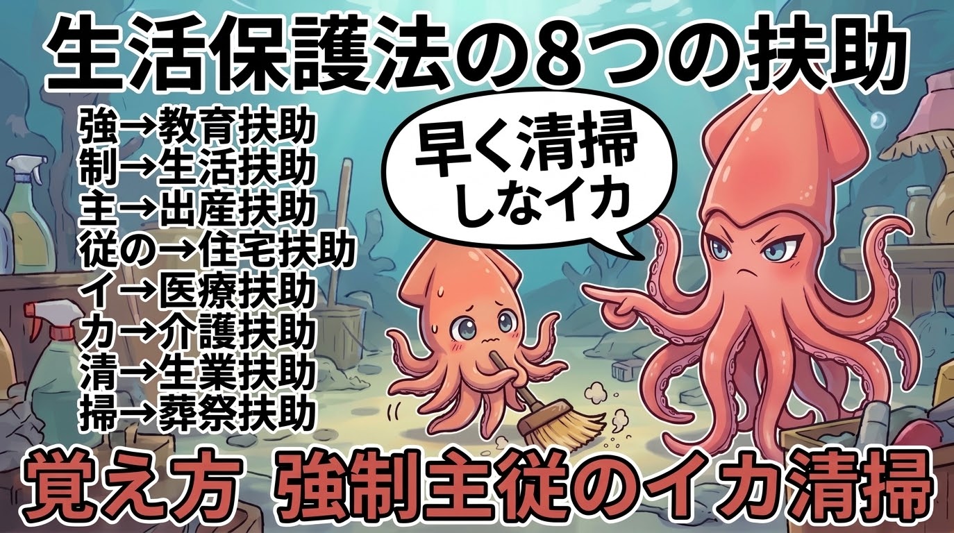生活保護法の8つの扶助の覚え方（ゴロ）【強制主従のイカ清掃】