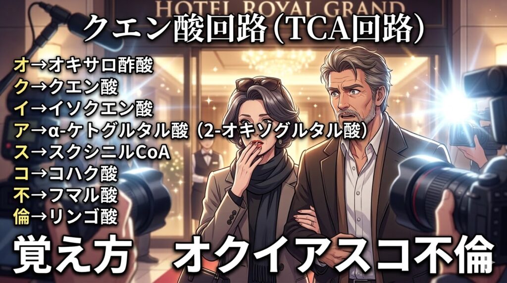 クエン酸回路（TCA回路）の覚え方（ゴロ）【オクイアスコ不倫】