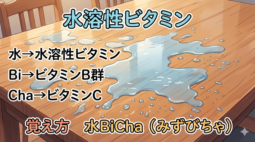 水溶性ビタミンの覚え方（ゴロ）【水BiCha（みずびちゃ）】
